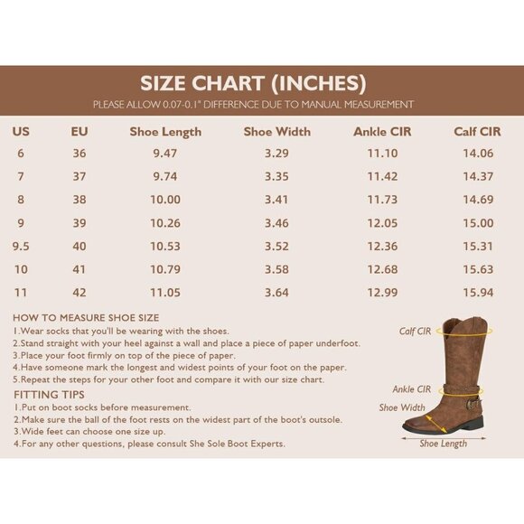 SheSole Western Boots Women's Brown Tan Faux Leather Square Toe Wide Mid Calf - Picture 8 of 9